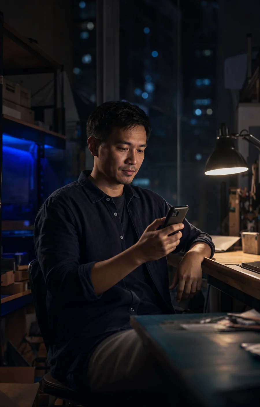 A business owner reviewing an approval on a phone in their workspace